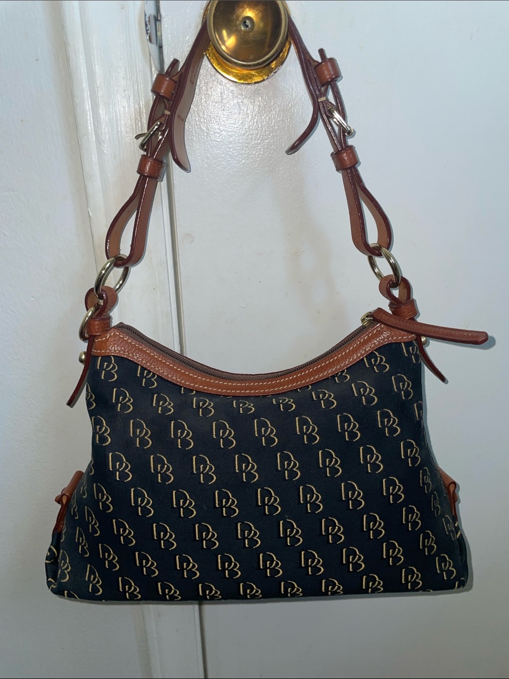 Dooney & Bourke Black Signature Canvas Shoulder Bag with Brown Trim - Picture 2 of 3